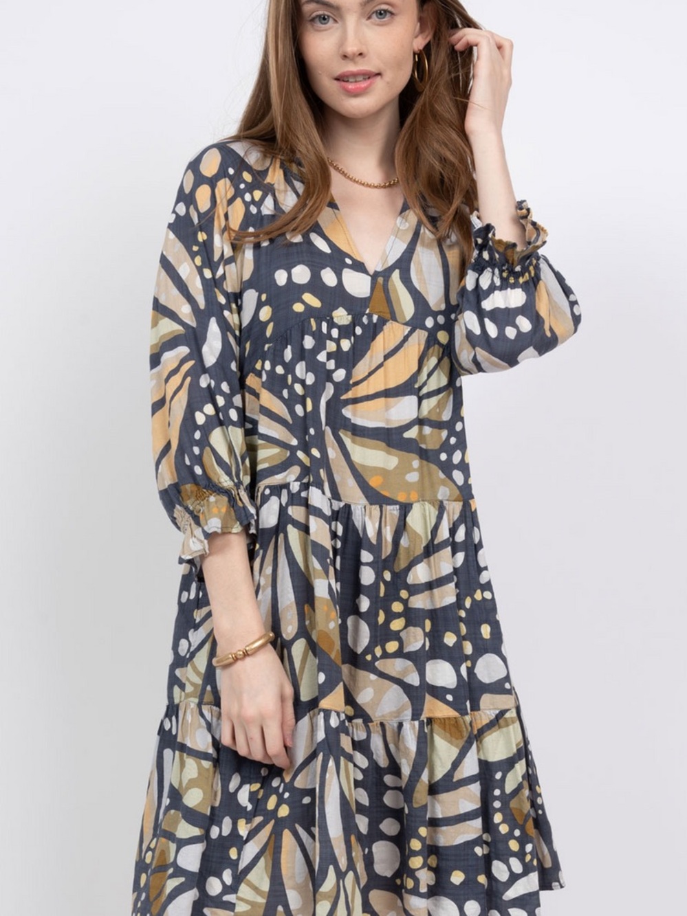 Anthropologie Uncle Frank Charcoal Multi-Print Tiered V-Neck Midi Dress